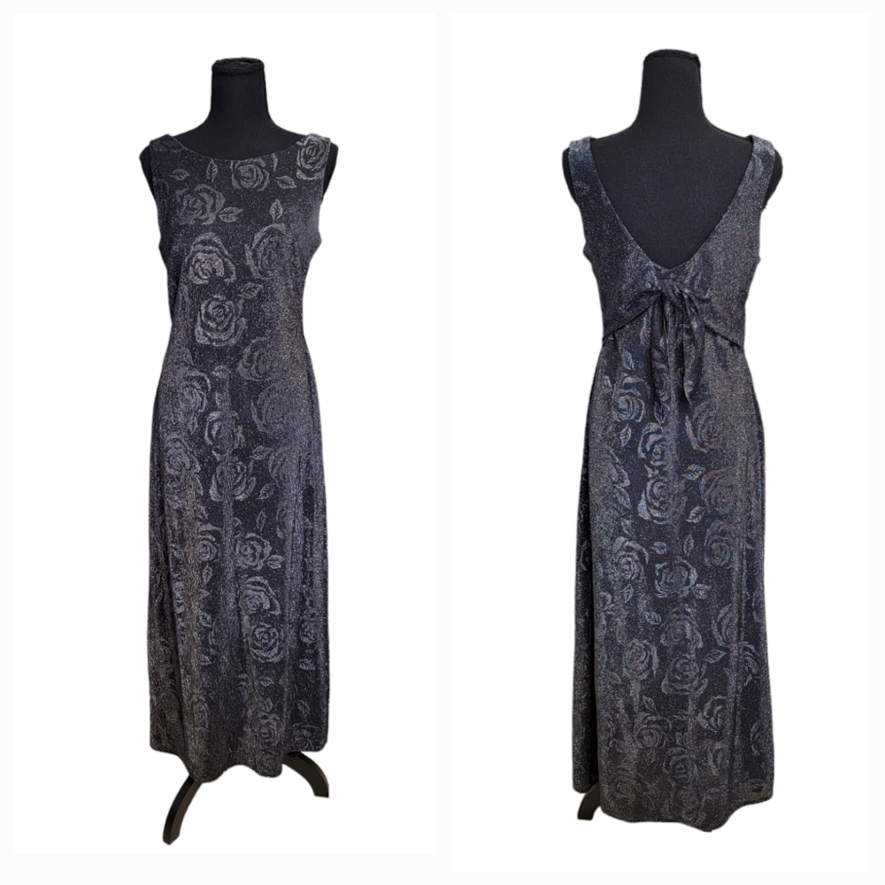 Vintage Harlow Dresses Size 4 Black Sparkly Floral Rose Print Maxi Dress